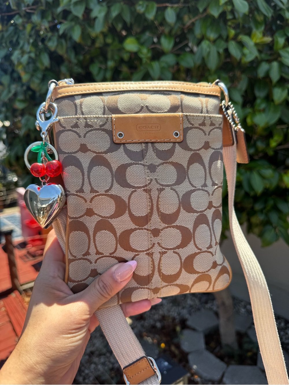 Coach Beige and Tan Signature Canvas Crossbody with Cherry Heart Charm